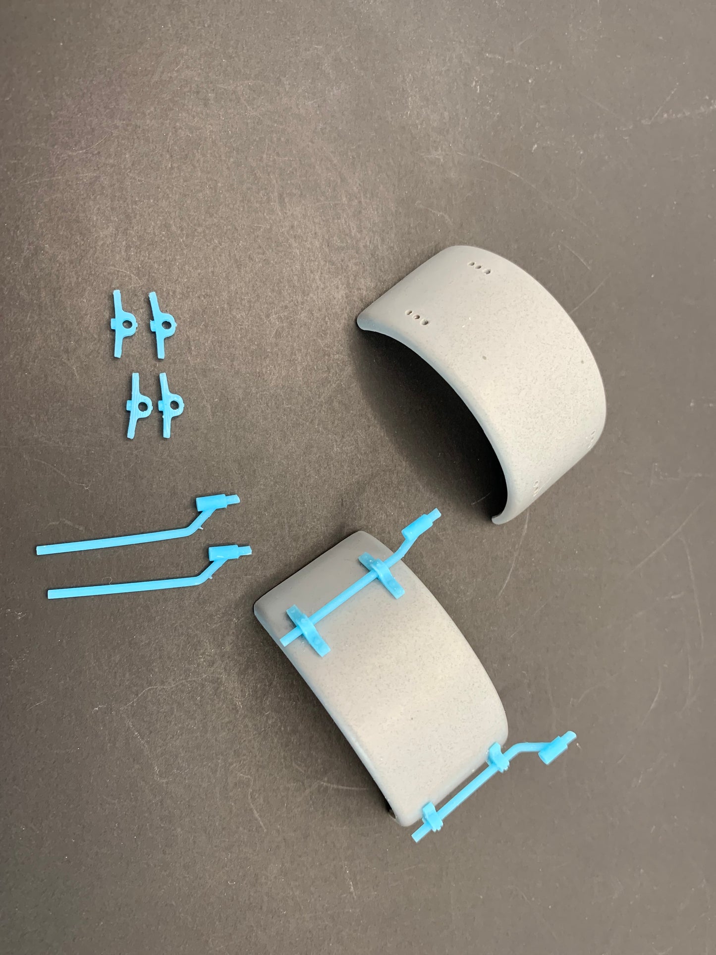 1 pair of 1/24 smooth rolled stainless Steel style mudguards with 3D printed mounts and hangers