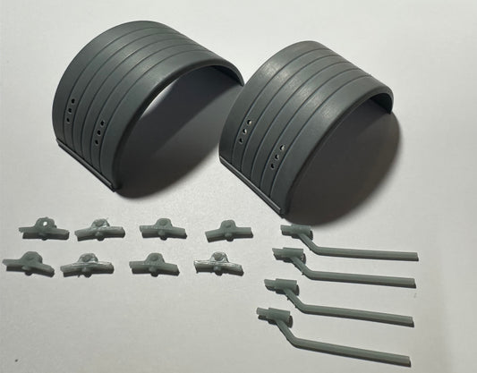 1 pair of 1/24 stainless steel (ribbed) style mudguards with 3D printed brackets and hangers