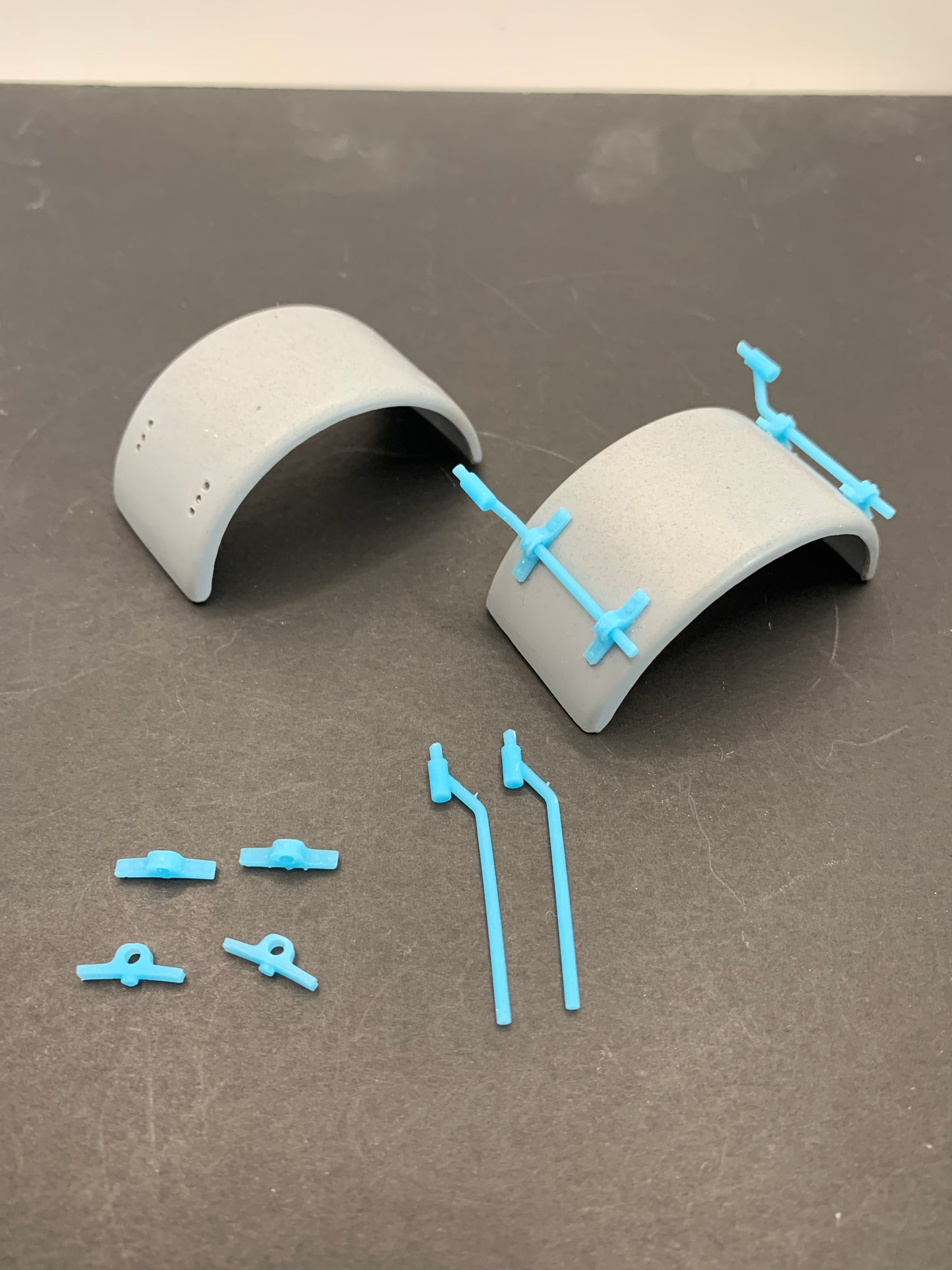 1 pair of 1/24 smooth rolled stainless Steel style mudguards with 3D printed mounts and hangers