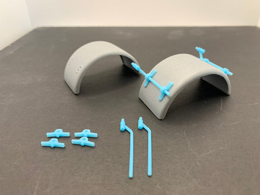 1 pair of 1/24 smooth rolled stainless Steel style mudguards with 3D printed mounts and hangers